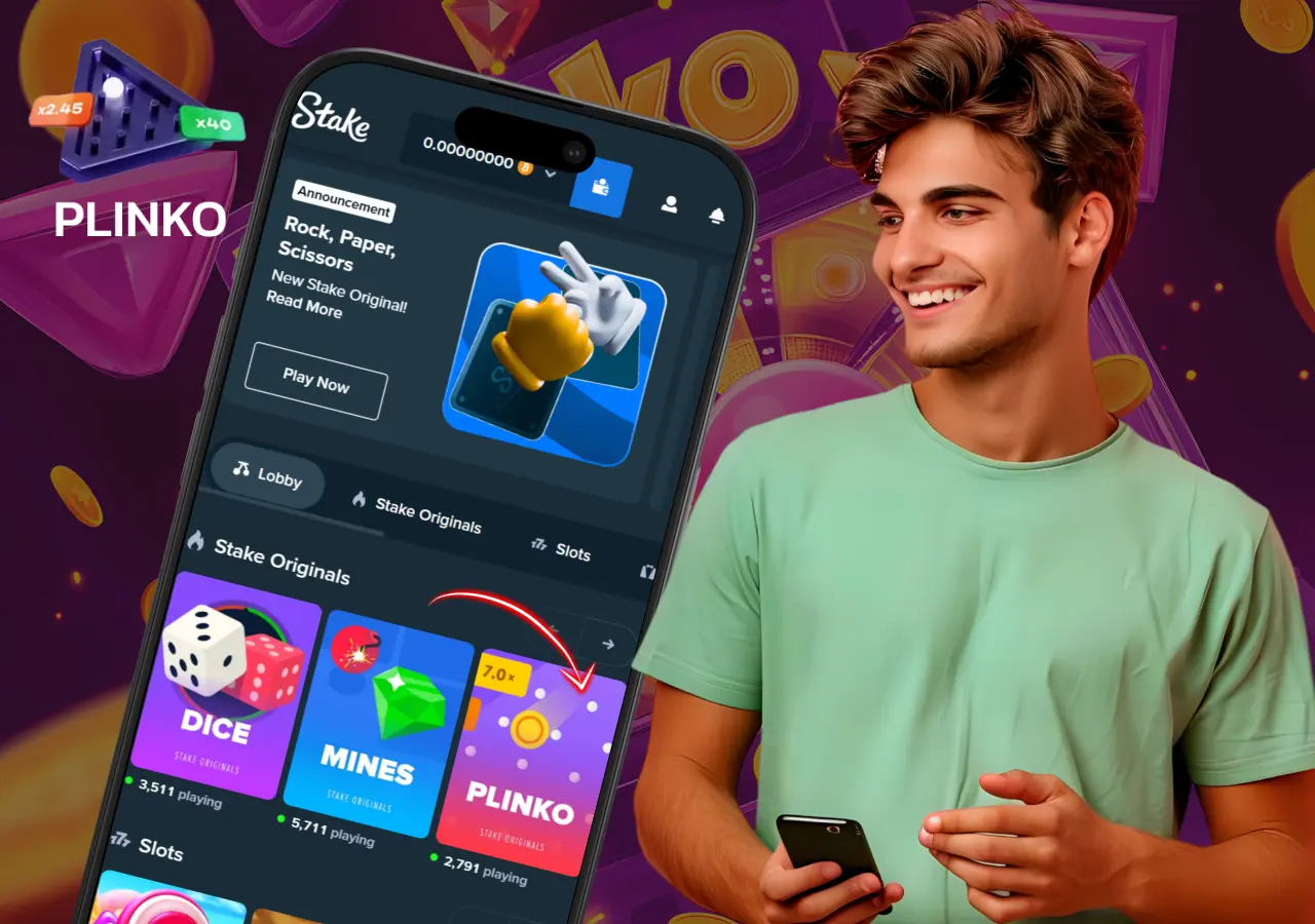 Su Stake puoi avviare Plinko scegliendo modalità e importo della puntata.